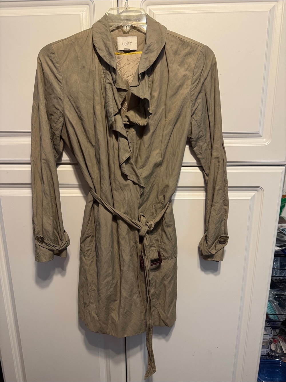 LOFT Taupe Ruffle-Front Lightweight Trench Raincoat